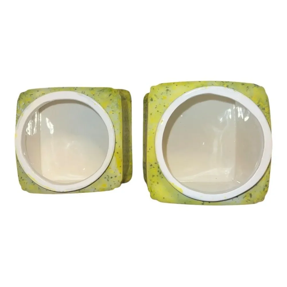 Handmade Yellow & Green Splatter Ceramic Canister Set of 2 w/ Lids EUC